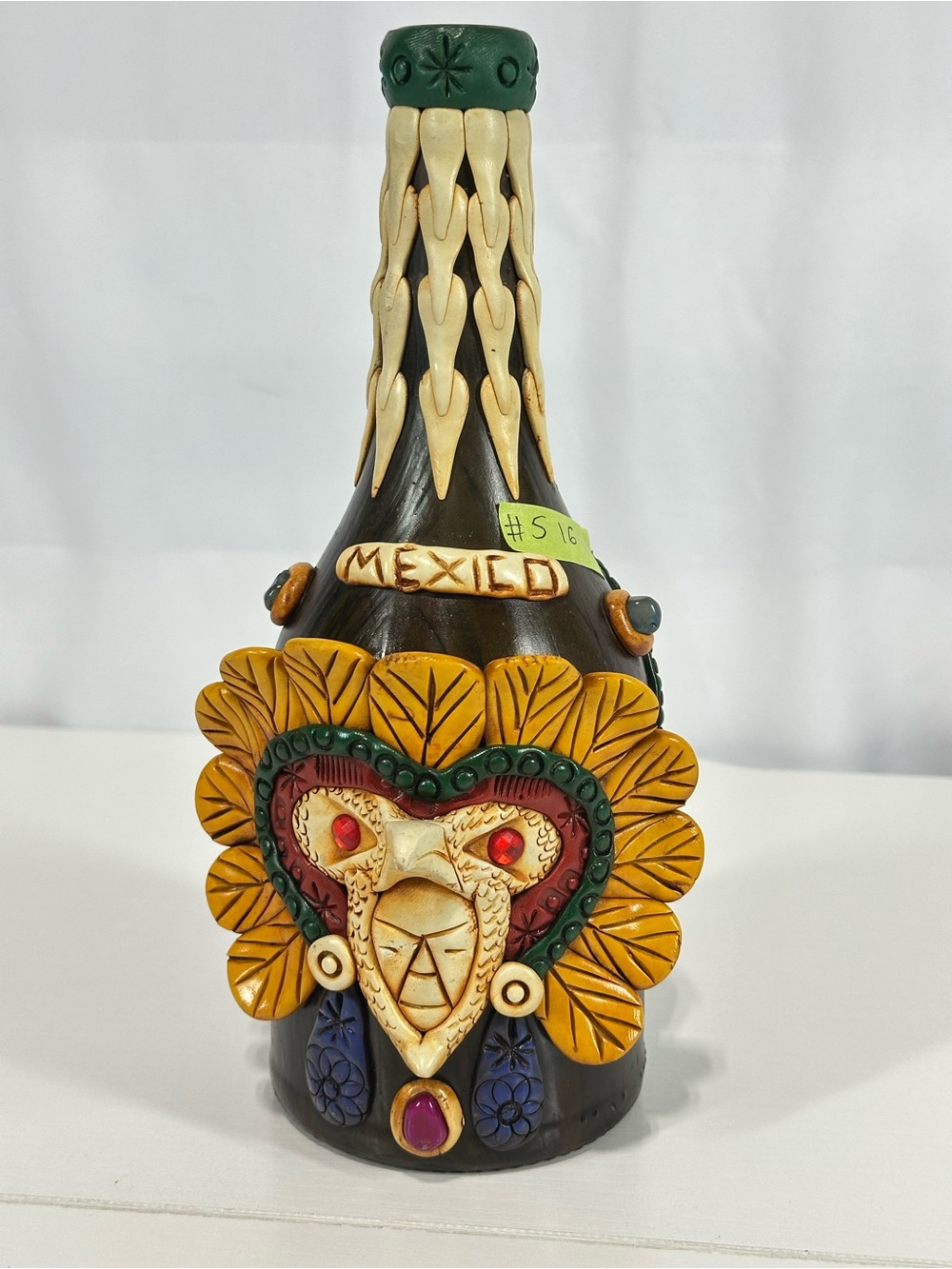 #516 Aztec Mexican Folk Art Empty Liquor Bottle Decanter Handcrafted No Cork